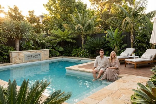 Resort-style pool landscaping with natural stone
