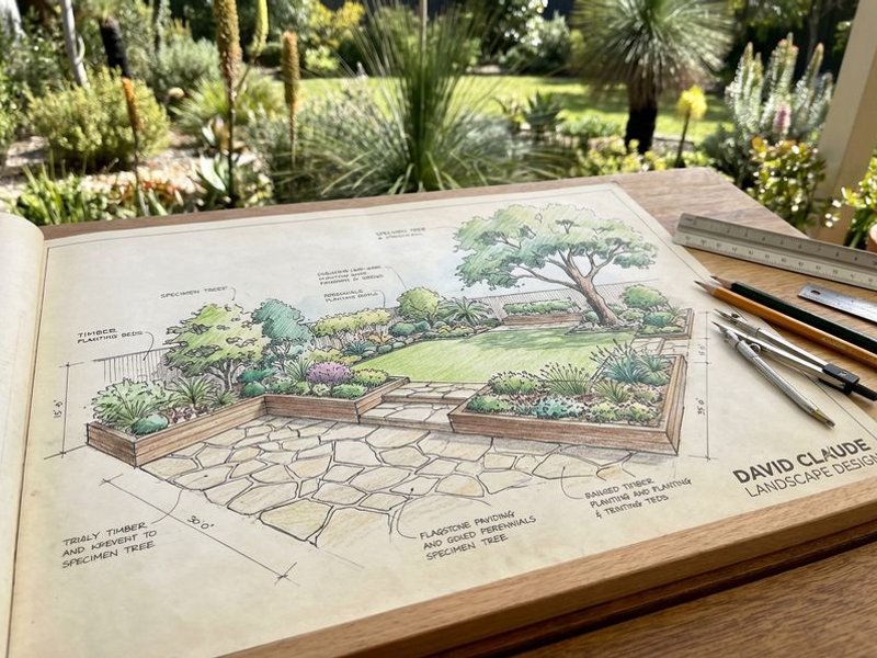 Landscape design concept sketch showing garden layout