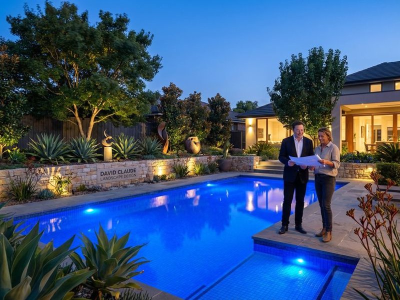 Illuminated pool and garden at night