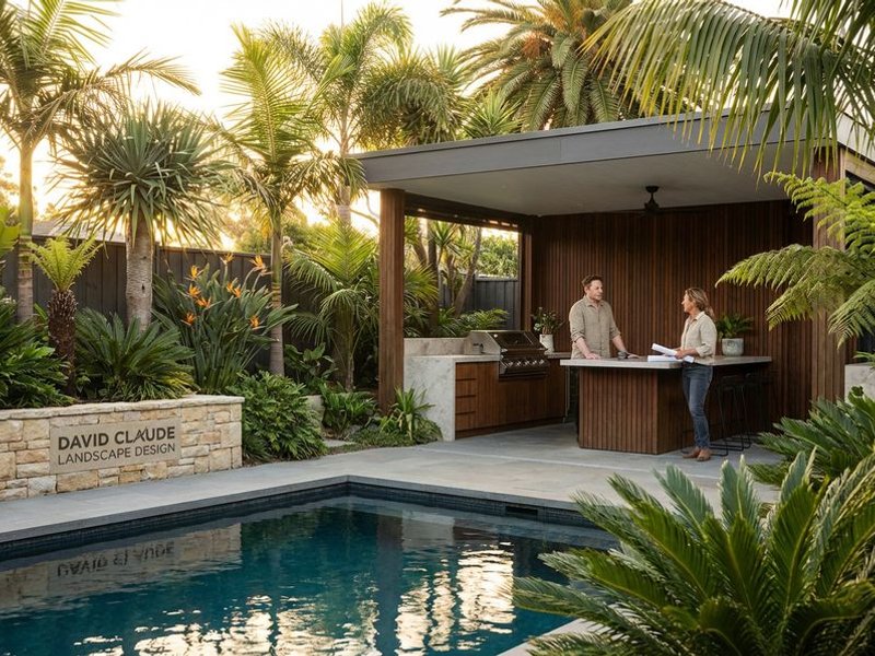 Pool cabana with integrated outdoor kitchen